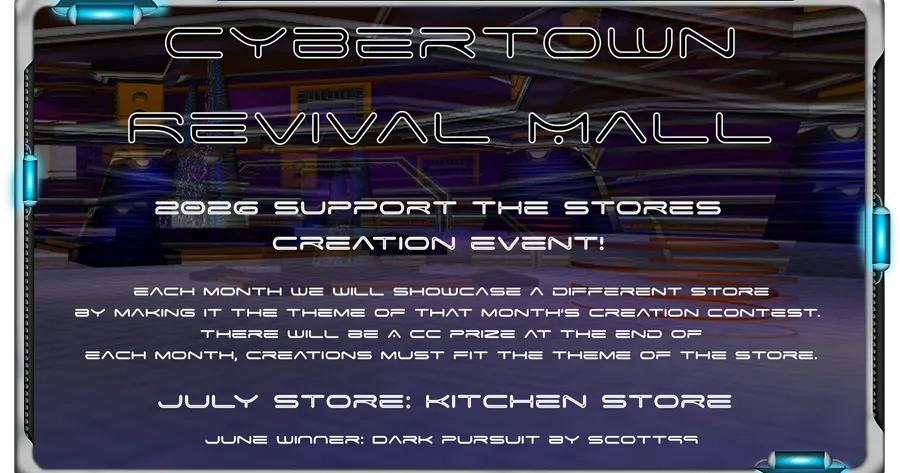 Promotional graphic for the Cybertown Revival Mall 2026 Support the Stores Creation Event, showing July’s theme as the Kitchen Store.