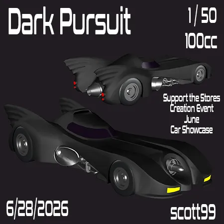 A black futuristic car item thumbnail titled Dark Pursuit, marked 1 of 50, 100 CC, June Car Showcase, by scott99.